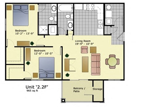 Floor plan for 2 beds, 2 baths, 965 sqft